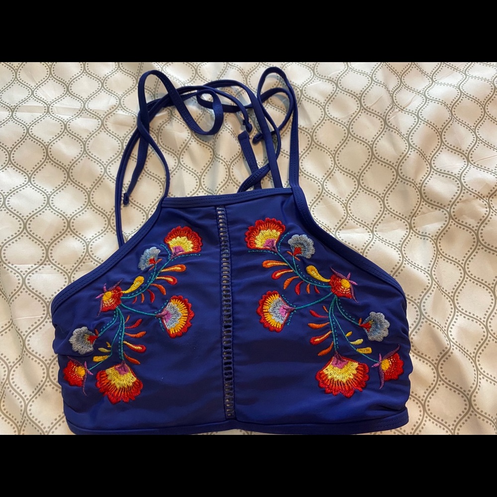 floral and royal blue bathing suit top